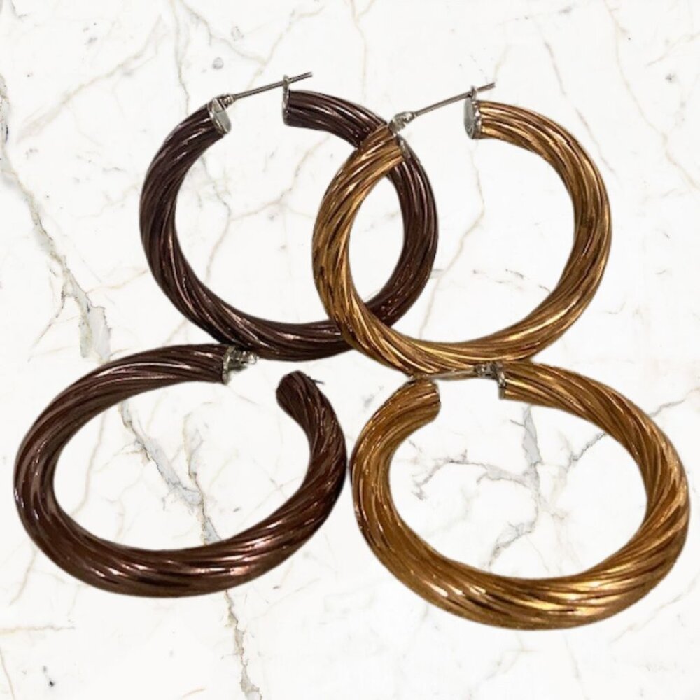 Twisted Rope Hoop Earrings, 2 Pairs, Stainless Steel Gold/Brown Tone